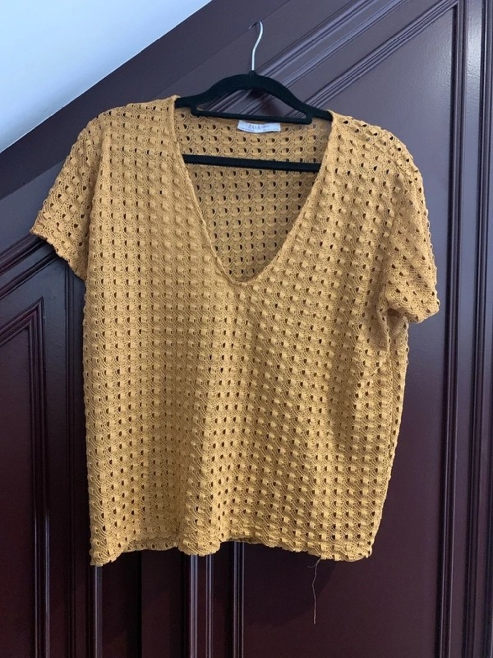 Zara Mustard Crochet V-Neck Short Sleeve Top